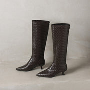 Women's Kitten Heel Pointed-Toe Woven Leather Knee High Boots Y2737 Boots Y2737