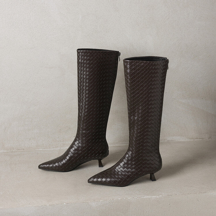 Women's Kitten Heel Pointed-Toe Woven Leather Knee High Boots Y2737 Boots Y2737