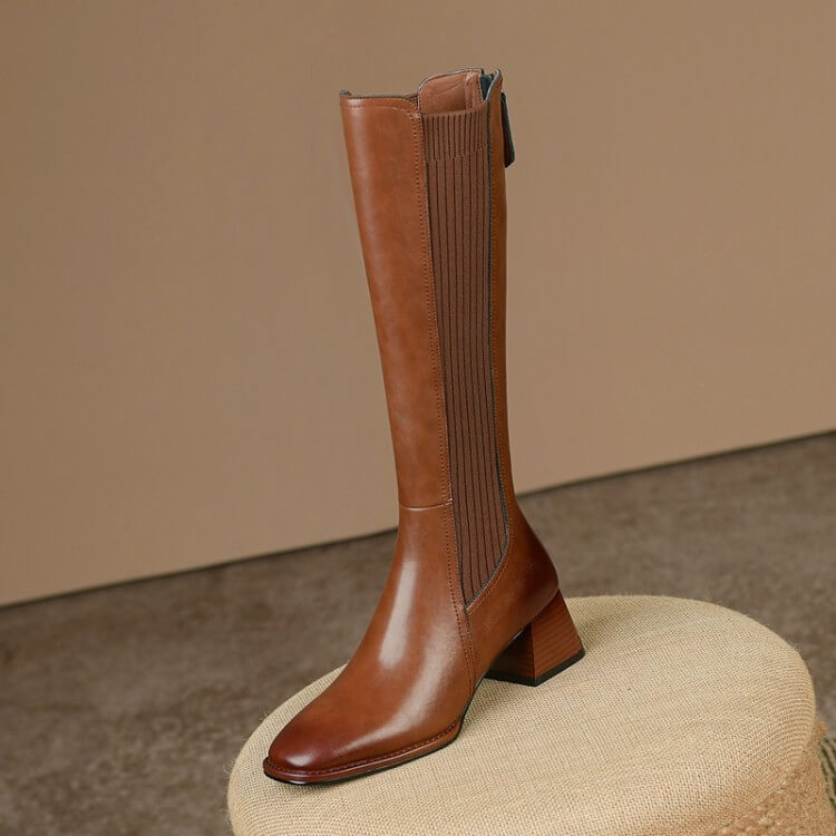 Slimming Knit Knee-High Boots | Leather & Stretch Fit Y2767 Boots Y2767