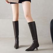Women's Kitten Heel Pointed-Toe Woven Leather Knee High Boots Y2737 Boots Y2737