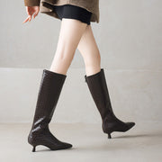 Women's Kitten Heel Pointed-Toe Woven Leather Knee High Boots Y2737 Boots Y2737