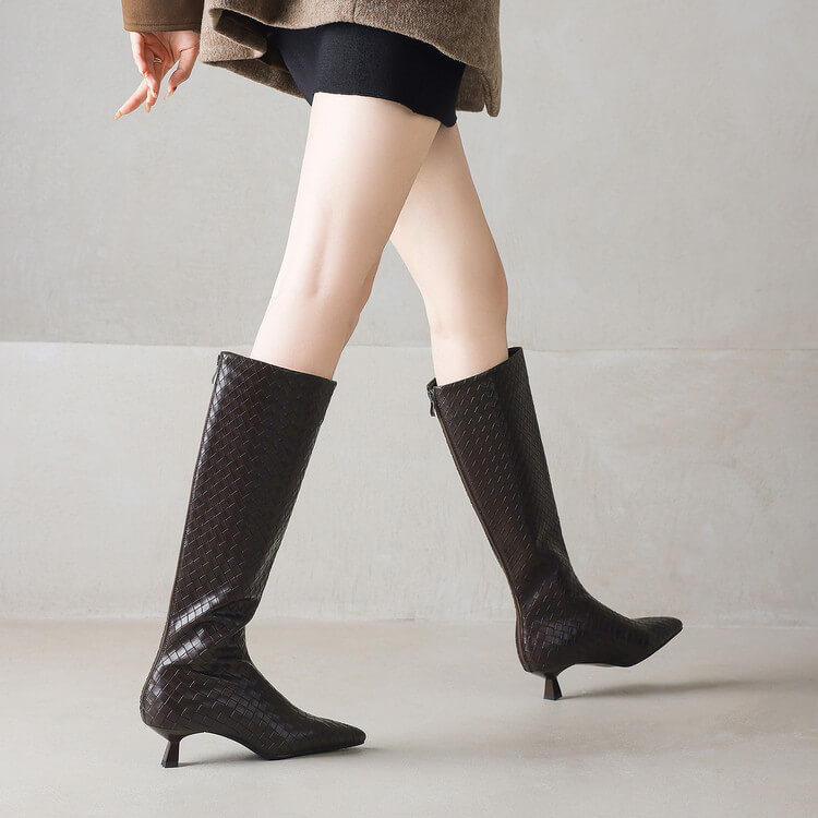 Women's Kitten Heel Pointed-Toe Woven Leather Knee High Boots Y2737 Boots Y2737