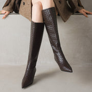 Women's Kitten Heel Pointed-Toe Woven Leather Knee High Boots Y2737 Boots Y2737