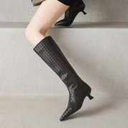 Women's Kitten Heel Pointed-Toe Woven Leather Knee High Boots Y2737 Boots Y2737