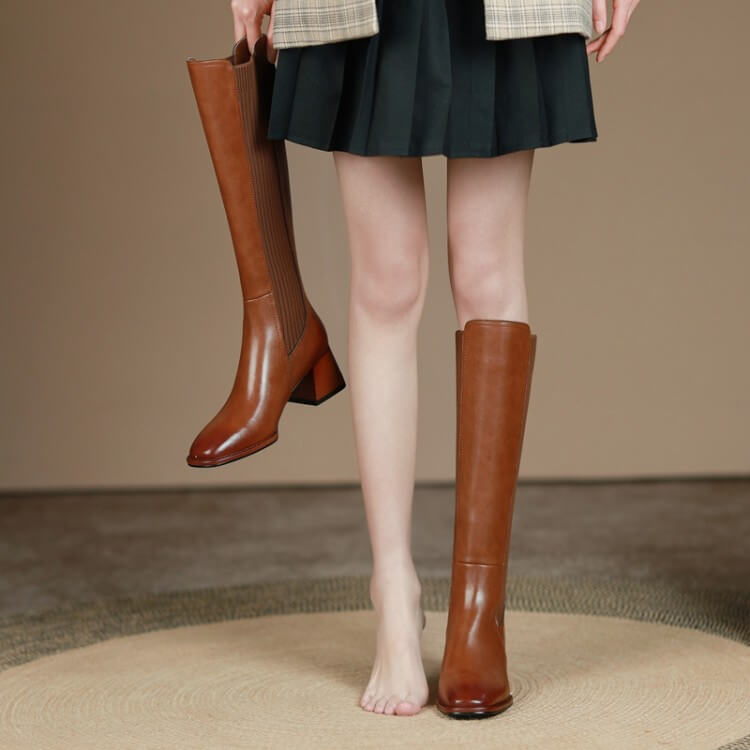 Slimming Knit Knee-High Boots | Leather & Stretch Fit Y2767 Boots Y2767