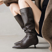Women's Kitten Heel Pointed-Toe Woven Leather Knee High Boots Y2737 Boots Y2737