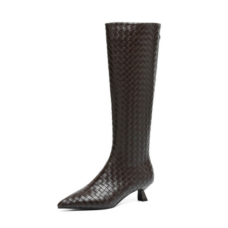 Women's Kitten Heel Pointed-Toe Woven Leather Knee High Boots Y2737 Boots Y2737 Brown US5/EU34