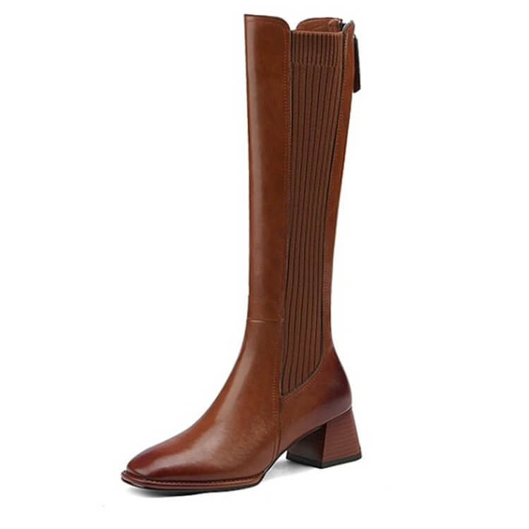 Slimming Knit Knee-High Boots | Leather & Stretch Fit Y2767 Boots Y2767 Brown US5/EU34