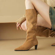 Women's Camel Suede Pointed-Toe Knee-High Boots Y2741 Boots Y2741