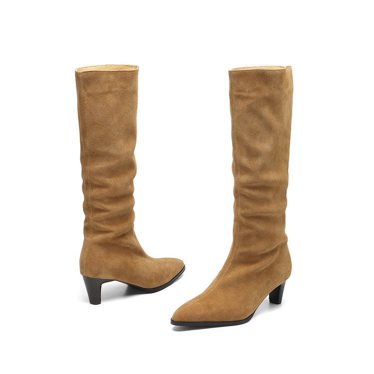 Women's Camel Suede Pointed-Toe Knee-High Boots Y2741 Boots Y2741