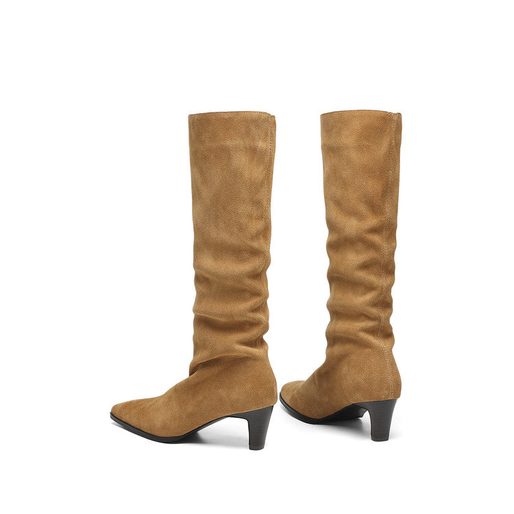 Women's Camel Suede Pointed-Toe Knee-High Boots Y2741 Boots Y2741