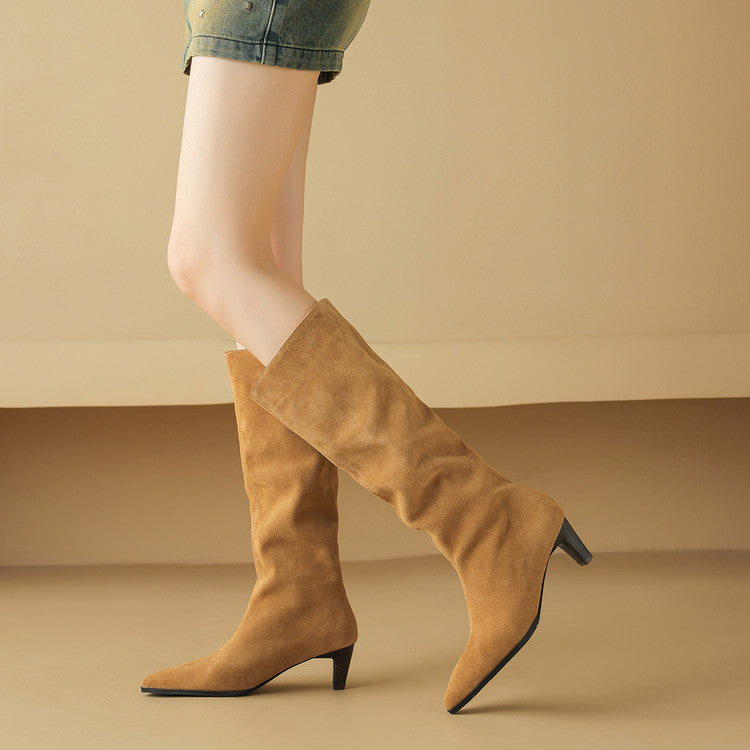 Women's Camel Suede Pointed-Toe Knee-High Boots Y2741 Boots Y2741