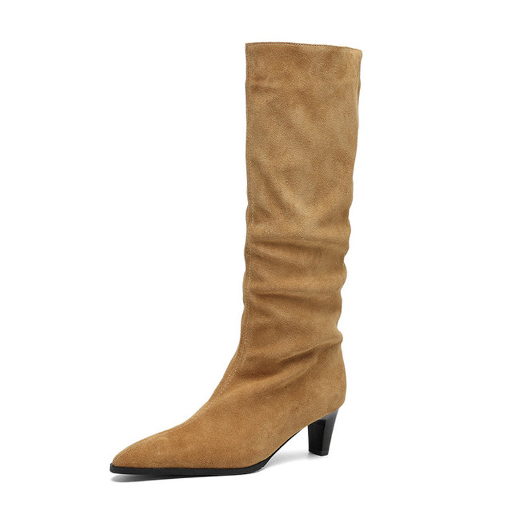 Women's Camel Suede Pointed-Toe Knee-High Boots Y2741 Boots Y2741 Camel US5/EU34 Leather lining