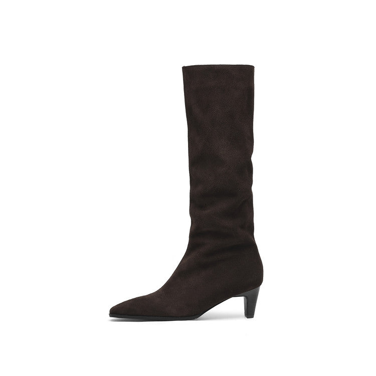 Women's Camel Suede Pointed-Toe Knee-High Boots Y2741 Boots Y2741