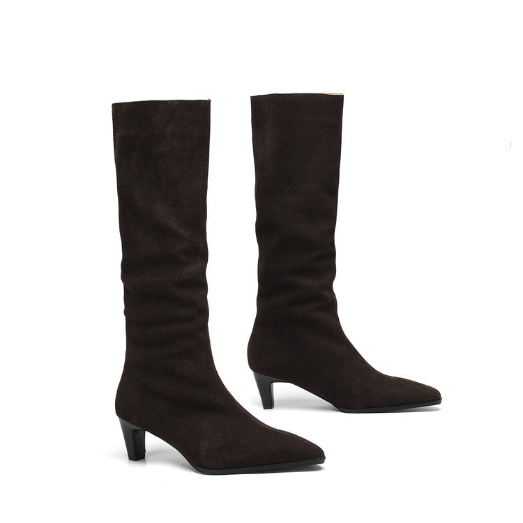 Women's Camel Suede Pointed-Toe Knee-High Boots Y2741 Boots Y2741