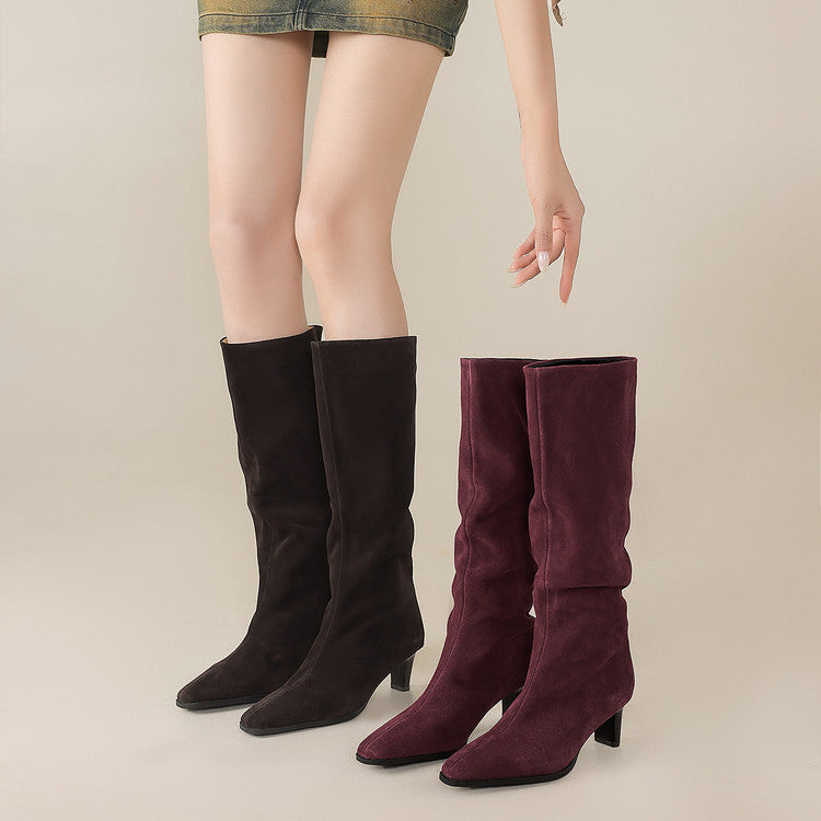 Isyou ibeauty Pointed Toe Suede Low Heel Knee High Boots Y2740 Boots Y2740