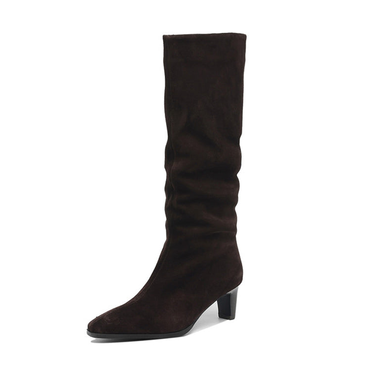 Isyou ibeauty Pointed Toe Suede Low Heel Knee High Boots Y2740 Boots Y2740 DarkBrown Leather lining US5/EU34
