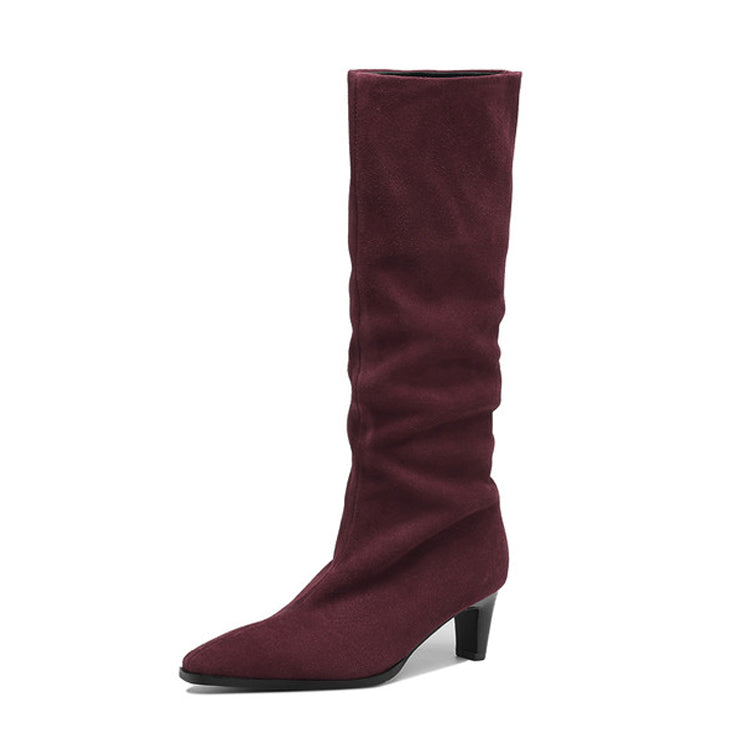 Isyou ibeauty Pointed Toe Suede Low Heel Knee High Boots Y2740 Boots Y2740 Maroon Leather lining US5/EU34