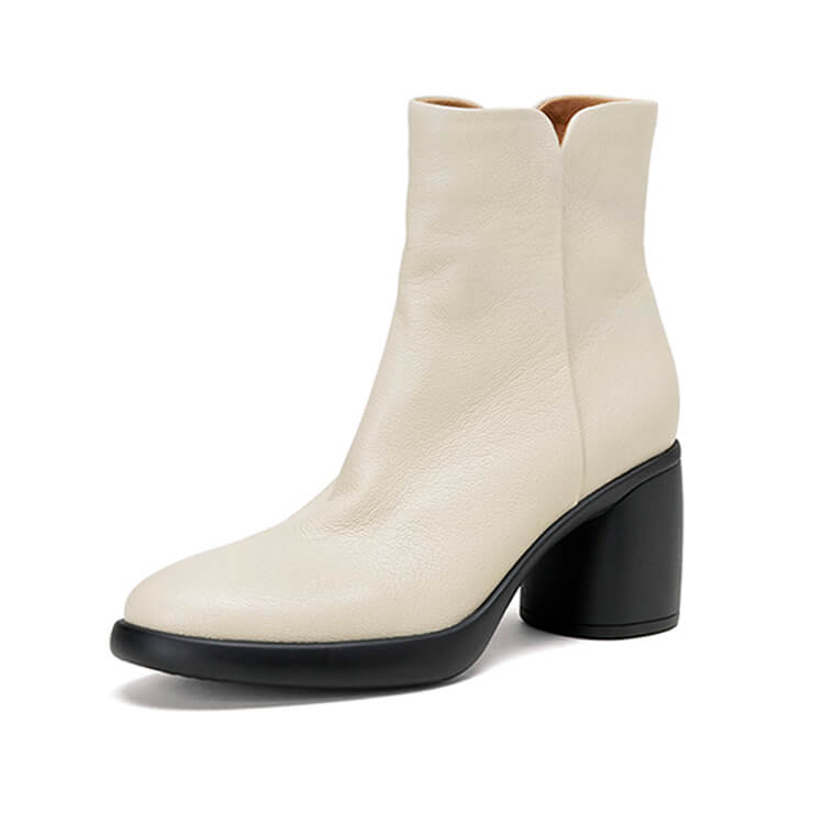 Women's Top-grain Sheepskin Chunky Heel Ankle Boots Y2762 Boots Y2762 Beige Leather lining US5/EU34