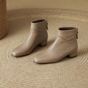 Women's Square Toe Low Heel Leather Ankle Boots – Elegant Woven Vintage Style Y2761 Boots Y2761