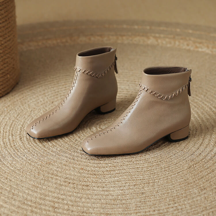 Women's Square Toe Low Heel Leather Ankle Boots – Elegant Woven Vintage Style Y2761 Boots Y2761