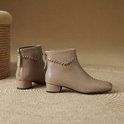 Women's Square Toe Low Heel Leather Ankle Boots – Elegant Woven Vintage Style Y2761 Boots Y2761