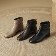 Women's Square Toe Low Heel Leather Ankle Boots – Elegant Woven Vintage Style Y2761 Boots Y2761