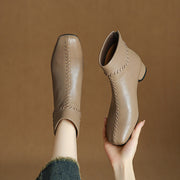 Women's Square Toe Low Heel Leather Ankle Boots – Elegant Woven Vintage Style Y2761 Boots Y2761