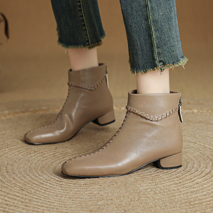 Women's Square Toe Low Heel Leather Ankle Boots – Elegant Woven Vintage Style Y2761 Boots Y2761