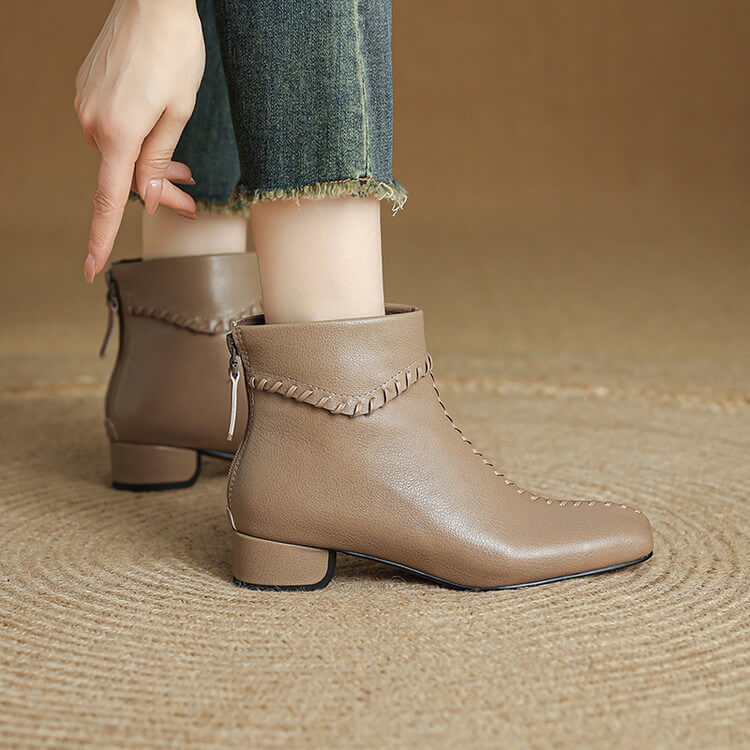 Women's Square Toe Low Heel Leather Ankle Boots – Elegant Woven Vintage Style Y2761 Boots Y2761