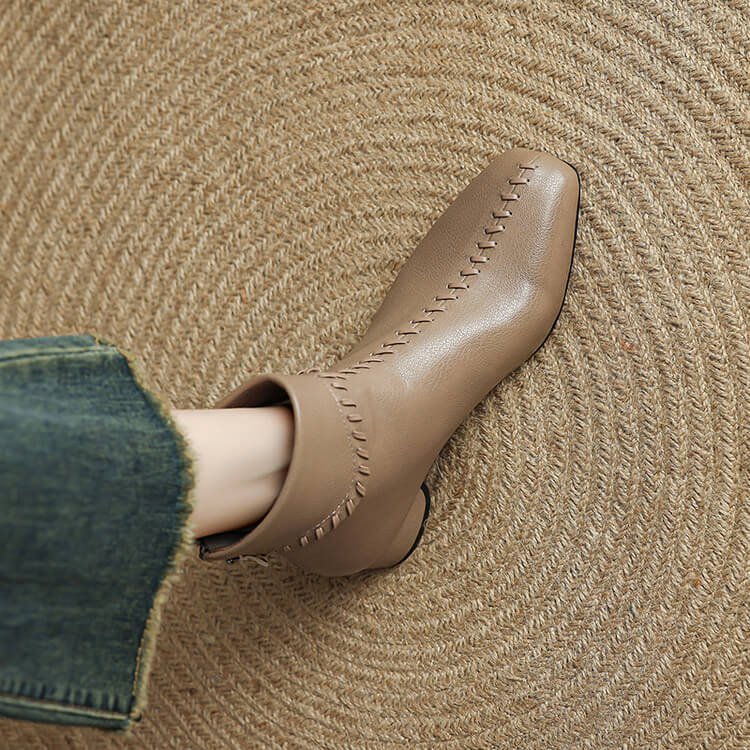 Women's Square Toe Low Heel Leather Ankle Boots – Elegant Woven Vintage Style Y2761 Boots Y2761
