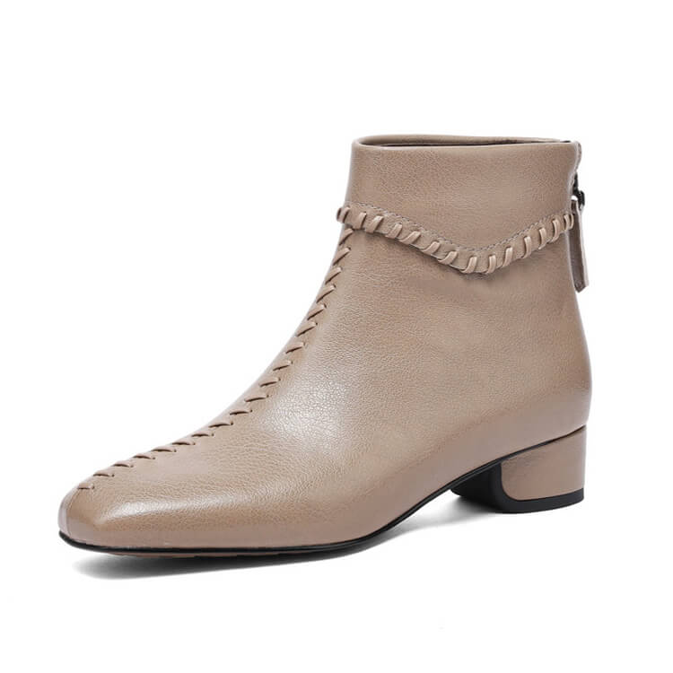 Women's Square Toe Low Heel Leather Ankle Boots – Elegant Woven Vintage Style Y2761 Boots Y2761 Apricot US5/EU34