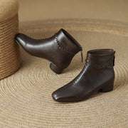 Women's Square Toe Low Heel Leather Ankle Boots – Elegant Woven Vintage Style Y2761 Boots Y2761