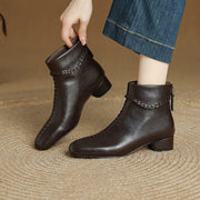 Women's Square Toe Low Heel Leather Ankle Boots – Elegant Woven Vintage Style Y2761 Boots Y2761