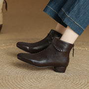 Women's Square Toe Low Heel Leather Ankle Boots – Elegant Woven Vintage Style Y2761 Boots Y2761