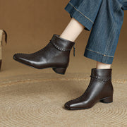Women's Square Toe Low Heel Leather Ankle Boots – Elegant Woven Vintage Style Y2761 Boots Y2761