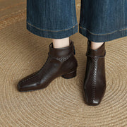 Women's Square Toe Low Heel Leather Ankle Boots – Elegant Woven Vintage Style Y2761 Boots Y2761