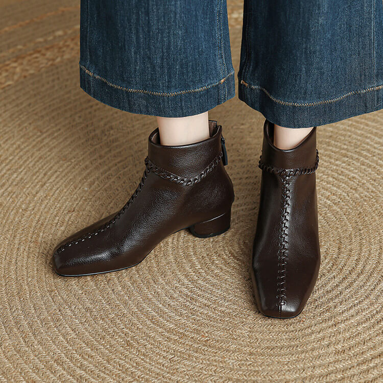 Women's Square Toe Low Heel Leather Ankle Boots – Elegant Woven Vintage Style Y2761 Boots Y2761