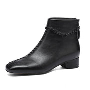 Women's Square Toe Low Heel Leather Ankle Boots – Elegant Woven Vintage Style Y2761 Boots Y2761 Black US5/EU34