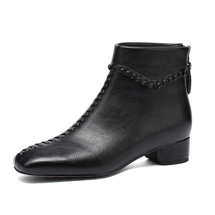 Women's Square Toe Low Heel Leather Ankle Boots – Elegant Woven Vintage Style Y2761 Boots Y2761 Black US5/EU34