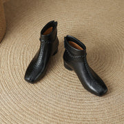Women's Square Toe Low Heel Leather Ankle Boots – Elegant Woven Vintage Style Y2761 Boots Y2761