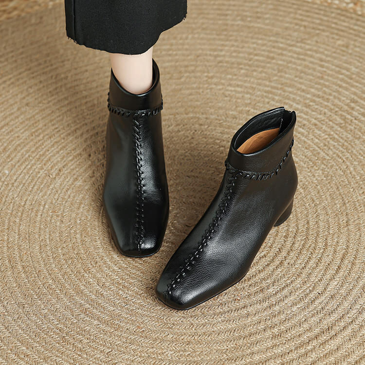 Women's Square Toe Low Heel Leather Ankle Boots – Elegant Woven Vintage Style Y2761 Boots Y2761