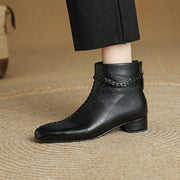Women's Square Toe Low Heel Leather Ankle Boots – Elegant Woven Vintage Style Y2761 Boots Y2761