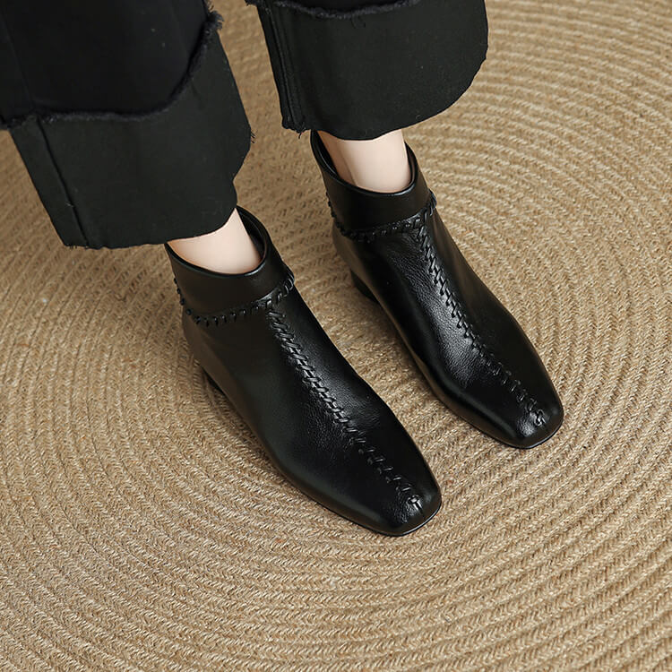 Women's Square Toe Low Heel Leather Ankle Boots – Elegant Woven Vintage Style Y2761 Boots Y2761