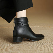 Women's Square Toe Low Heel Leather Ankle Boots – Elegant Woven Vintage Style Y2761 Boots Y2761