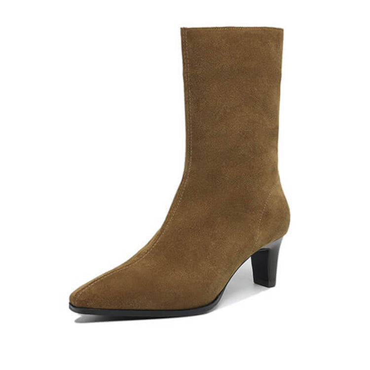 Square Toe Suede Mid-calf Boots with Low Heels Y2747 Boots Y2747 DarkOliveGreen Leather lining US5/EU34