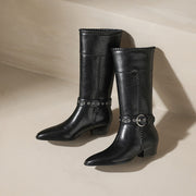 Women’s Genuine Leather Pointed-Toe Mid-Calf Boots with Buckle Y2760 Boots Y2760