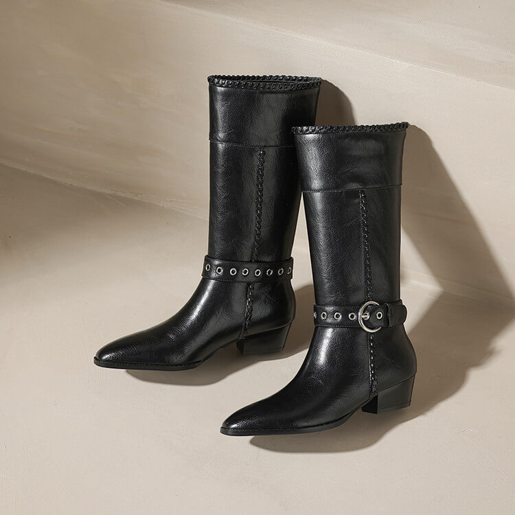 Women’s Genuine Leather Pointed-Toe Mid-Calf Boots with Buckle Y2760 Boots Y2760