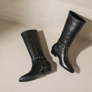 Women’s Genuine Leather Pointed-Toe Mid-Calf Boots with Buckle Y2760 Boots Y2760
