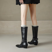 Women’s Genuine Leather Pointed-Toe Mid-Calf Boots with Buckle Y2760 Boots Y2760